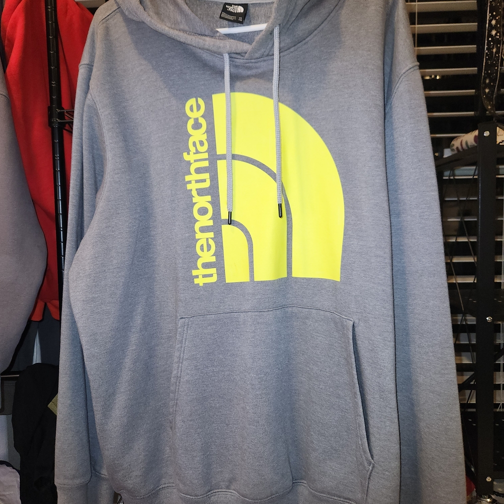 The North Face Gray Hoodie with Bold Yellow Logo